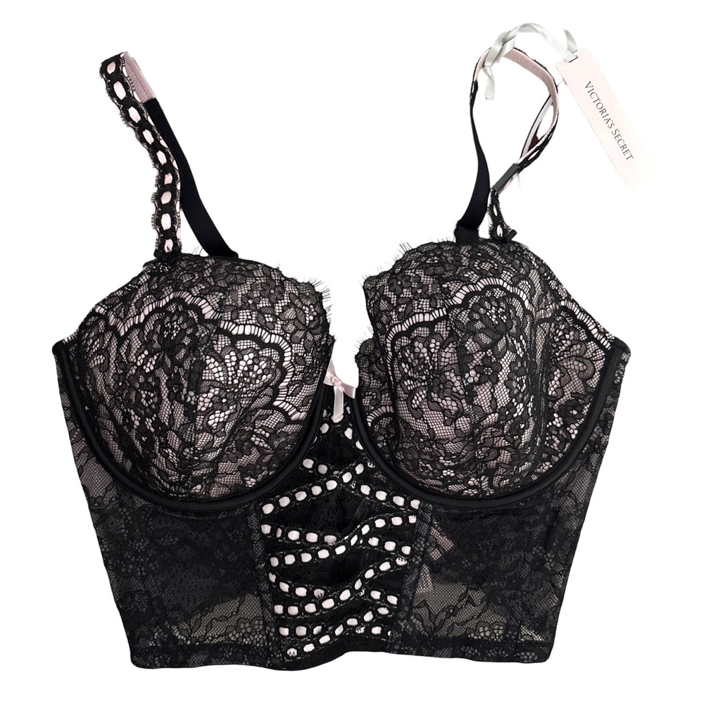 Victoria's Secret Black Lace Longline Bra with Pink Underlay